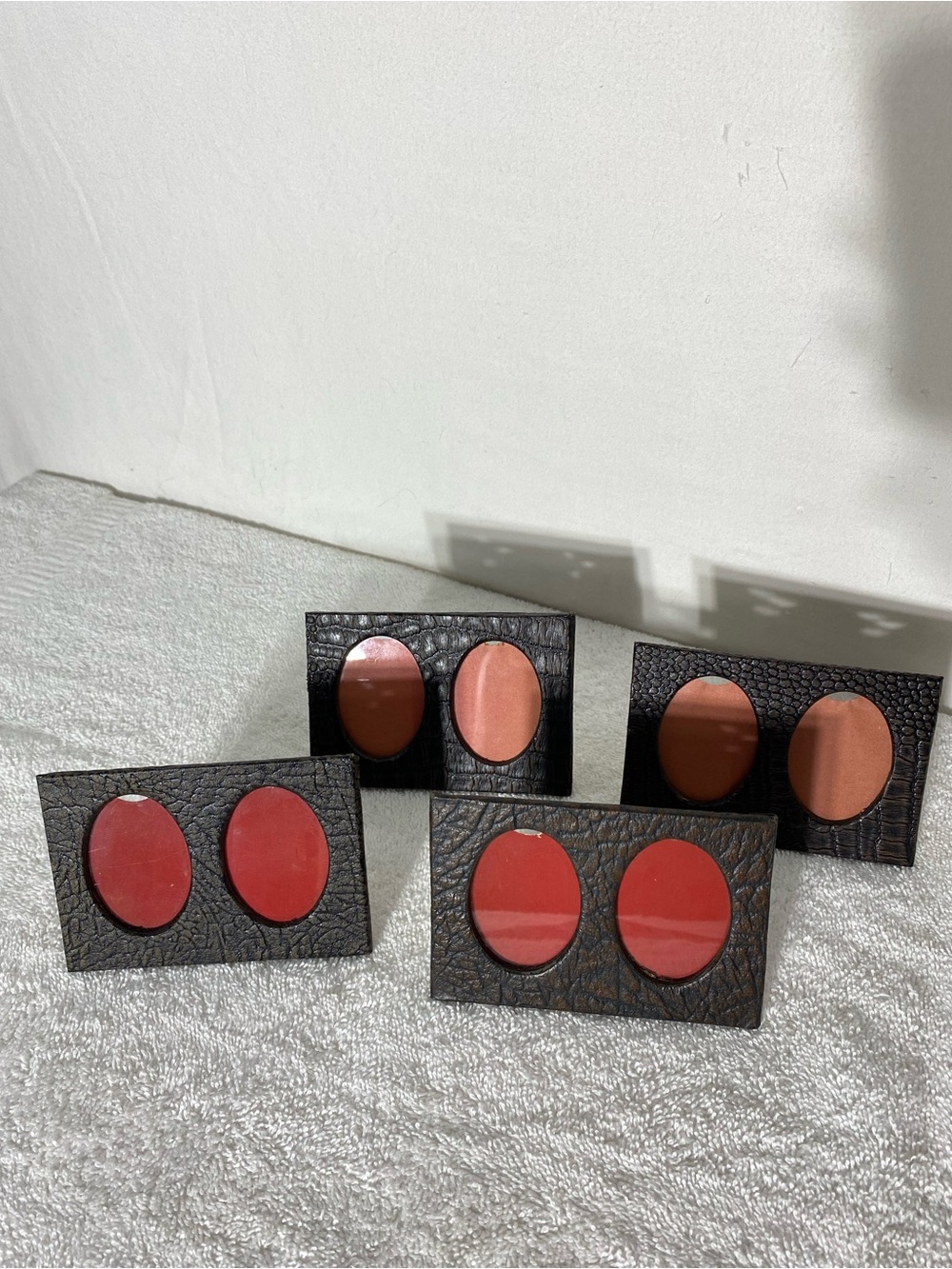 Vintage MCM Faux Reptile Leatherette Mini Double Oval Photo Frames X4